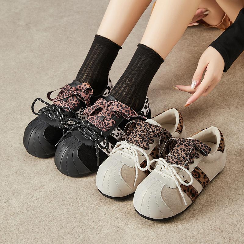 2025 Casual Four Seasons Heightening Retro Leopard Print New Suede Round Head Ugly Cute Contrasting Color Sports Women's Shoes
