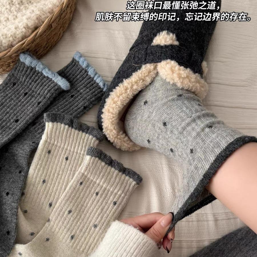 Polka Dot Wool Socks Season Gray Socks Thickened Warm Cashmere Cotton Socks Vintage Lace Stockings