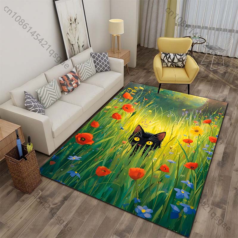 

Multiple sizes Black cat in sunlit wildflower meadow Print Carpet for Living Room Bedroom Sofa Home Decor Non-slip Mat Gift 40x60cm