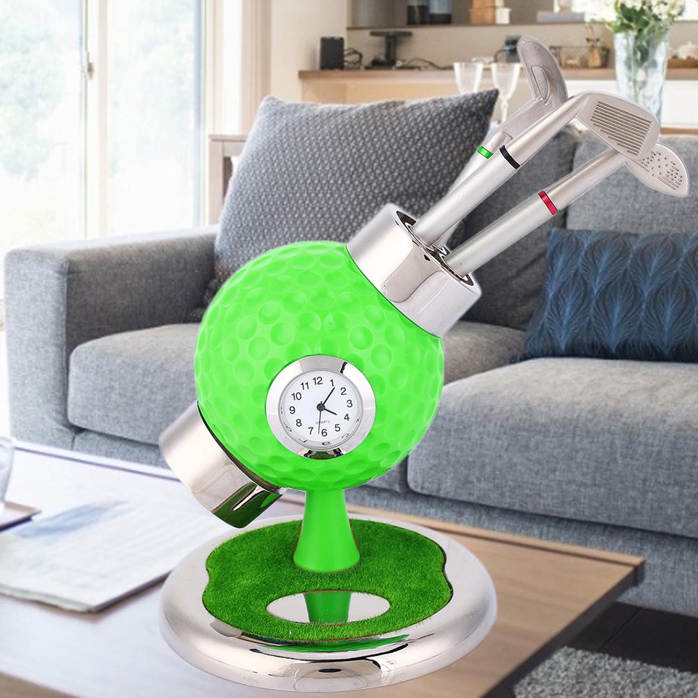 Golf Ball Shape Pen Holder Pencil Vase Desktop Set With Clock 3 Pens for Study Office(green)