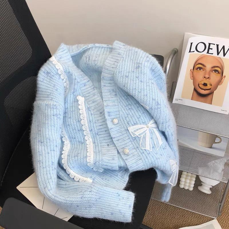 

QICED Осень и Зима Нежный Свободный Ленивый Вязаный Свитер Пальто Кружево Бант Свитер Кардиган Женщина Uniform size синий