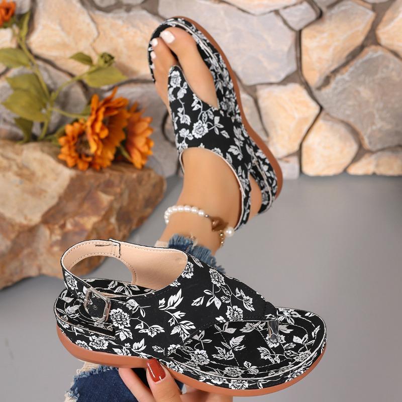 Large Size Herringbone Sandals Women's New Embroidered Flower Back Strap Wedge Heel Women's Sandals