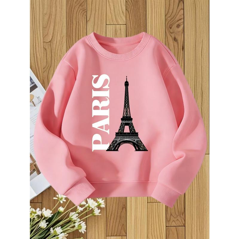 European Size Eiffel Tower Print Unisex Round Neck Sweatshirt, Autumn and Winter French-Style Romantic Look, Perfect Gift for Girls