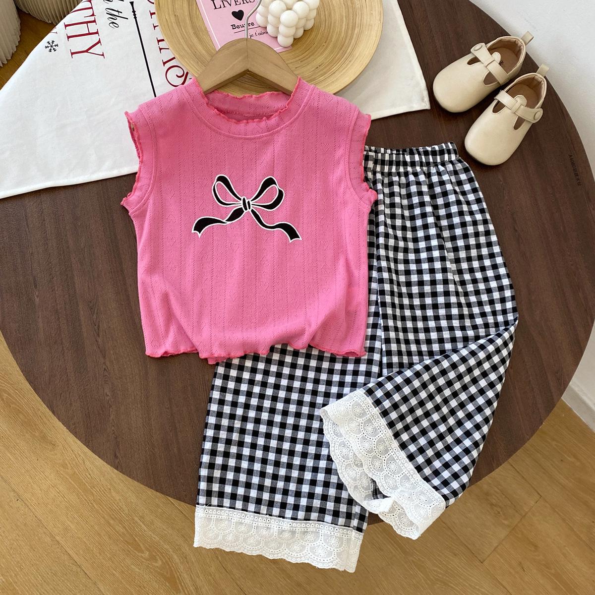 

Girls Korean Style Printed Vest & Plaid Pants Set - Casual Base Layer 4 Years/110 cm розы красного