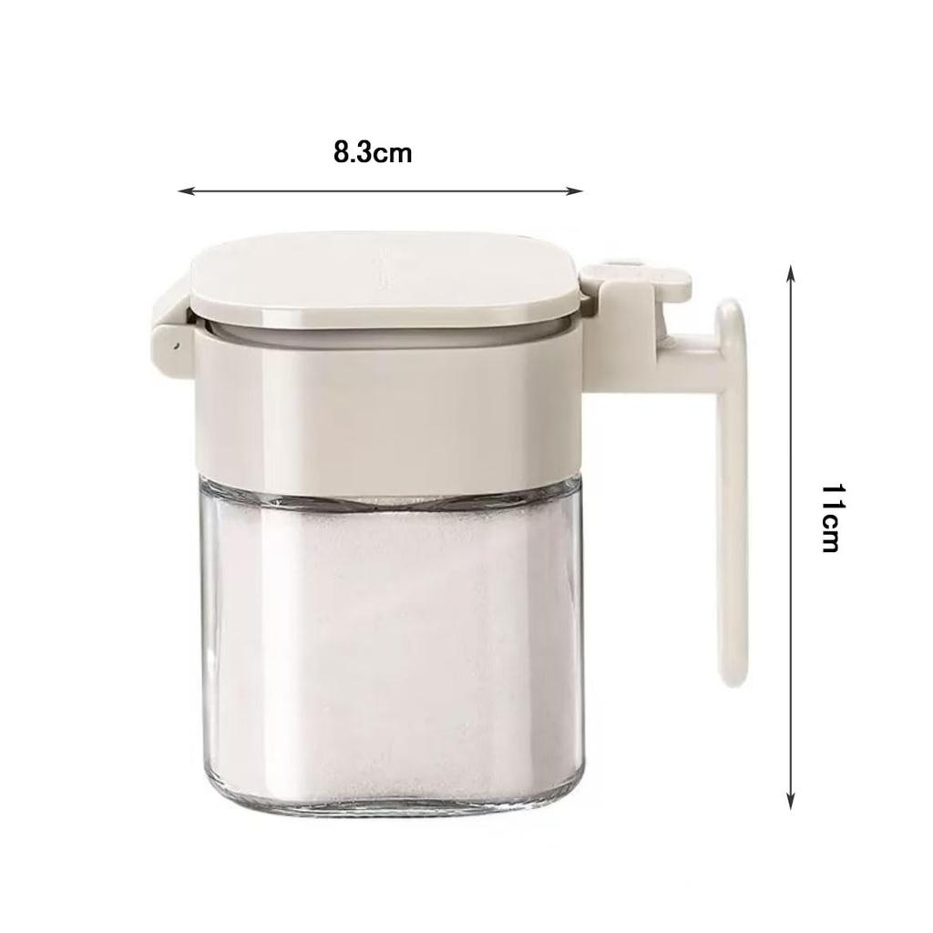 Set of 2 Seasoning Pots with Seal Salt and Sugar and Storage Box Spoons, Caps, Moisture-Resistant, One-Touch Opening, One-Handed Operation,