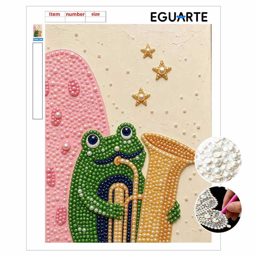 Cute Frog Playing Saxophone Pearl Painting Kit with Frame Sparkling Canvas Art Romantic Bedroom Decor Gift for Adults Creative DIY Wall Art