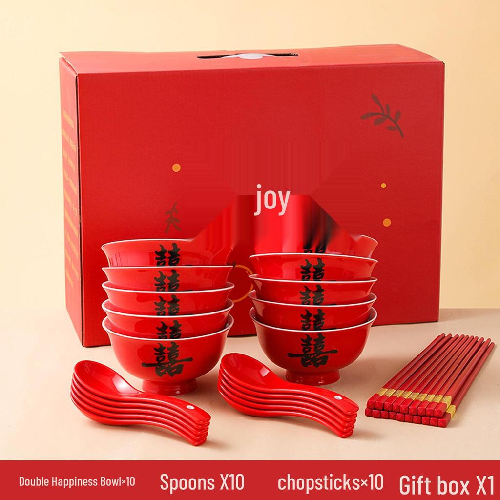 Red Double Happiness Ceramic Tableware Set: Wedding Bowl, Spoon, and Chopsticks Gift
