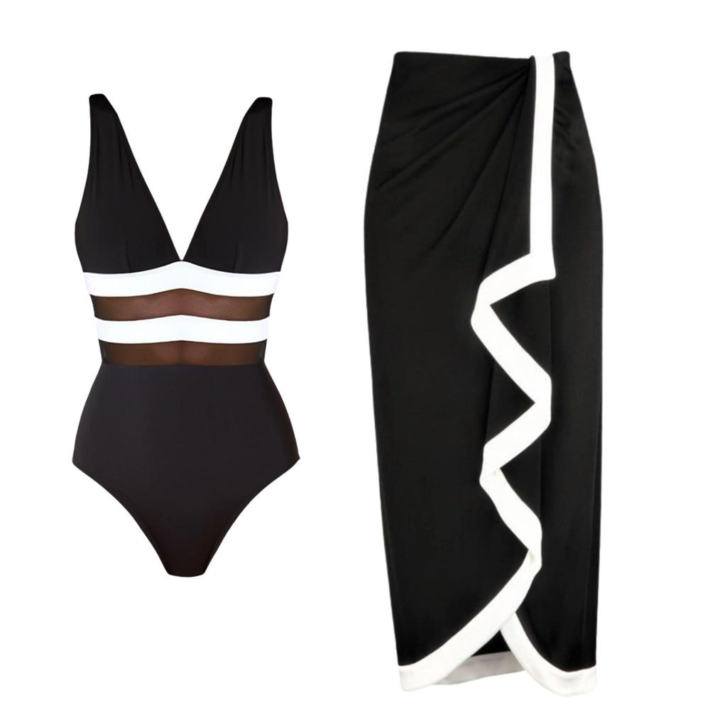 ins style simple black and white perspective mesh deep V one-piece swimsuit suit women, European and American sexy swimsuit new