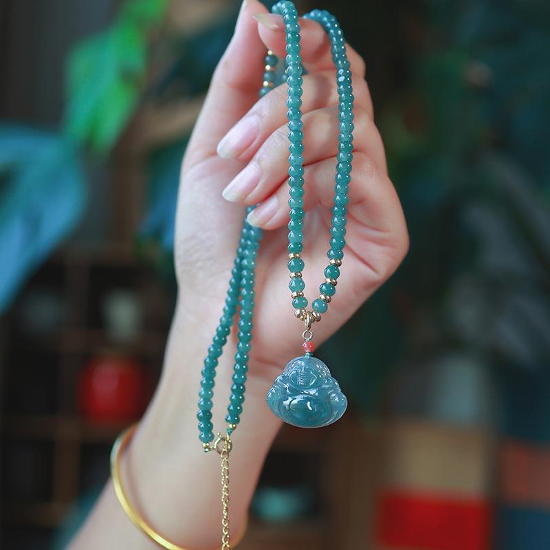 Natural Jade Blue Water Abacus Bead Sweater Chain with Ice-Clear Buddha Pendant Necklace