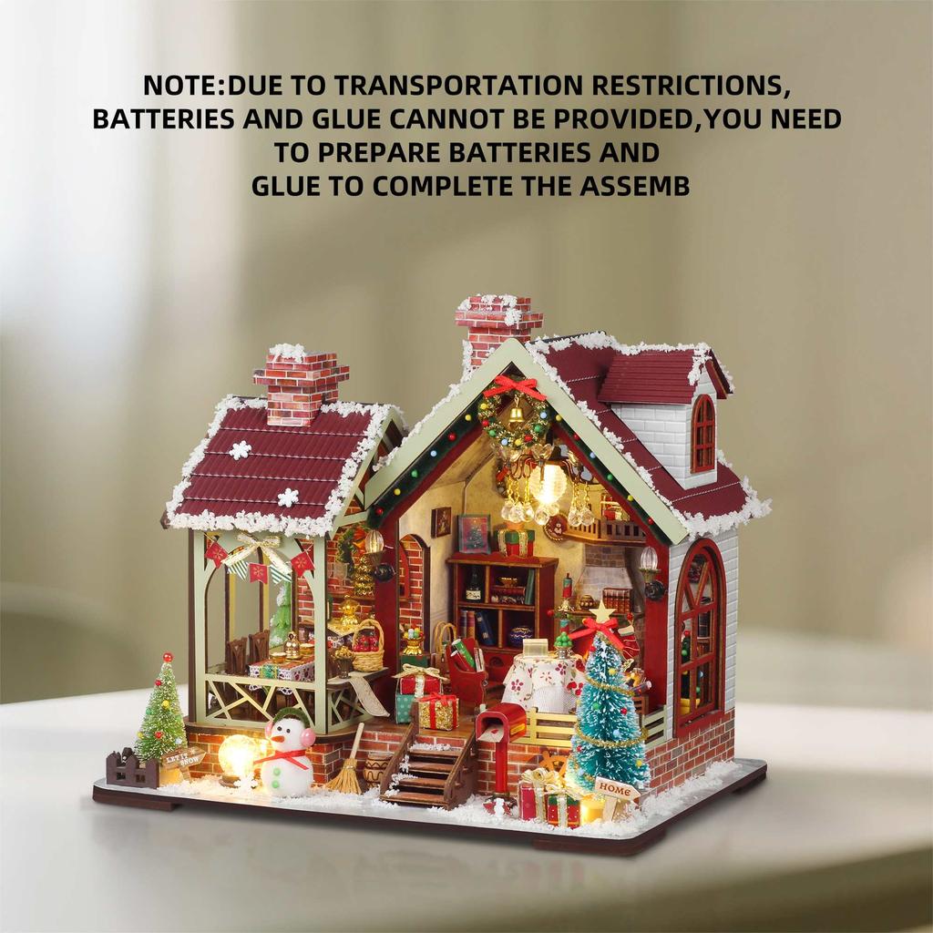 Christmas Night Warm House - Miniature Dollhouse DIY Kit with Music Box, Desktop Decor, Creative Gift (English Color Box)