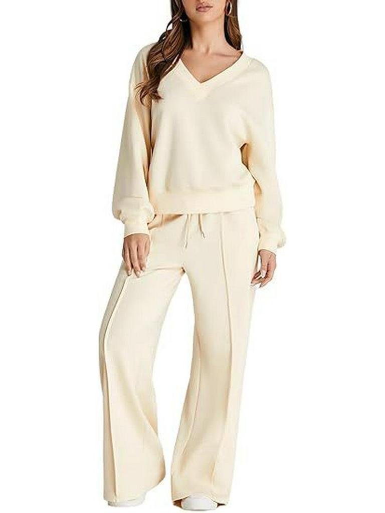 Conjunto Casual de Sudadera de Color Sólido con Cuello en V y Pantalones Largos para Mujer Otoño/Invierno 2025 - Moda Europea/Americana