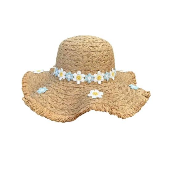 Versatile Beach Hat Lace Tie Straw Sun Hat with Windproof Flower Strap Lightweight