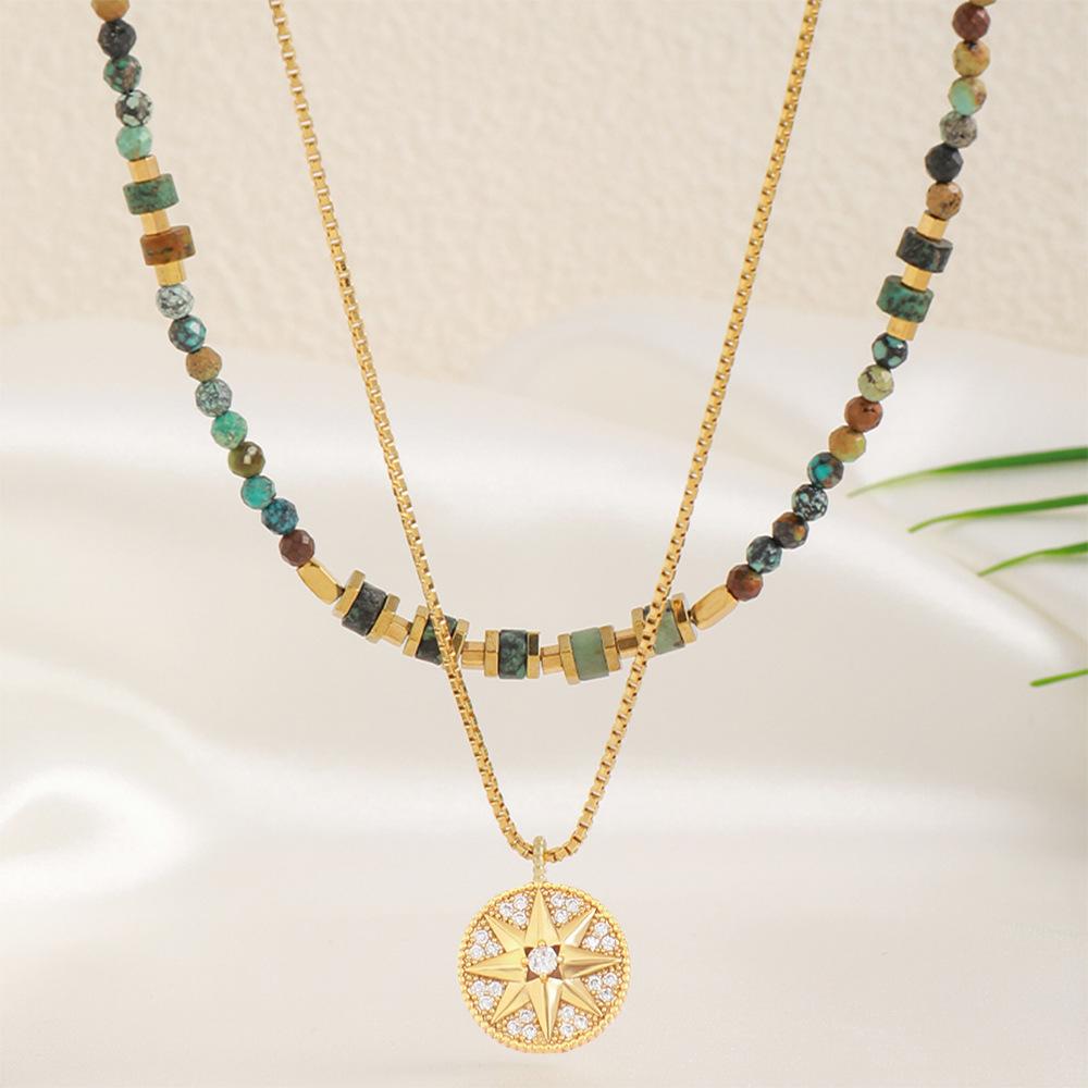 GEMCHIC Women's Vintage Layered Beaded Necklace with Geometric Pendant, Handmade Natural Stone Choker Set for Daily Wear