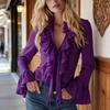 Women Shirt V-neck Ruffle Trim Flared Long Sleeve Casual Tops Pure Color Office Lady