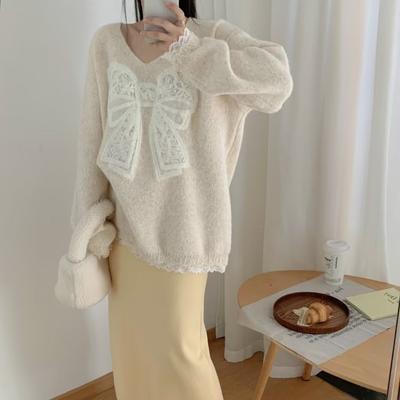 Autumn and Winter New Loose Soft Waxy Knitted Sweater Top Lace Bow Lazy Wind Sweater Pullover Woman