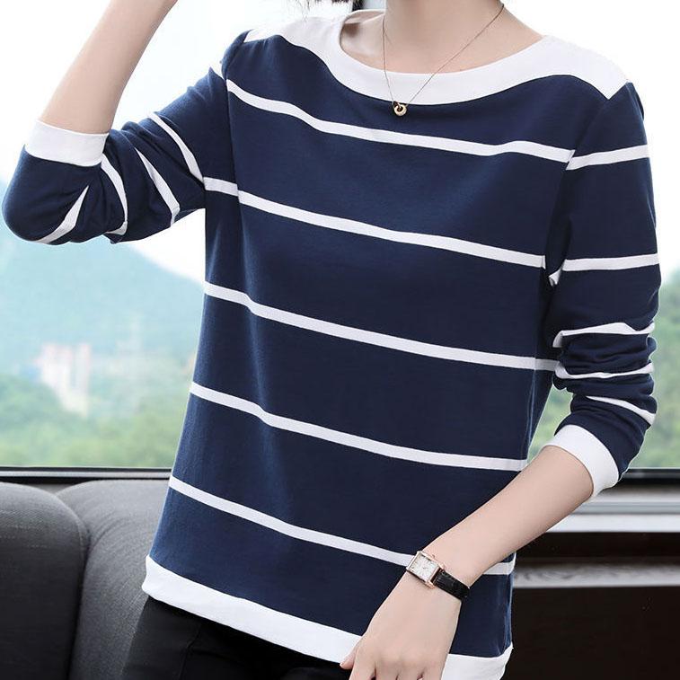 

Женский осенний повседневный пуловер в полоску большого размера с длинными рукавами, женские весенние свободные хлопковые топы с круглым воротником S синий