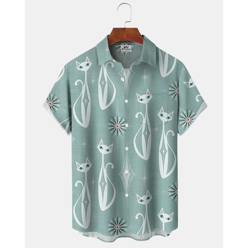 Men's Cute Cat Cartoon Geometric Print Hawaiian Shirt Short Sleeve Casual Beach Vacation Summer Button-Up Top