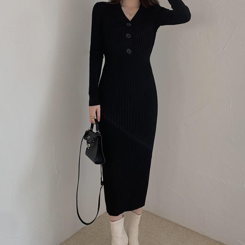 Dámské pletené podzimní zimní oblečení dámské svetr s výstřihem do V Korejská móda Nová streetwear šaty Top Dámské šaty s dlouhým rukávem
