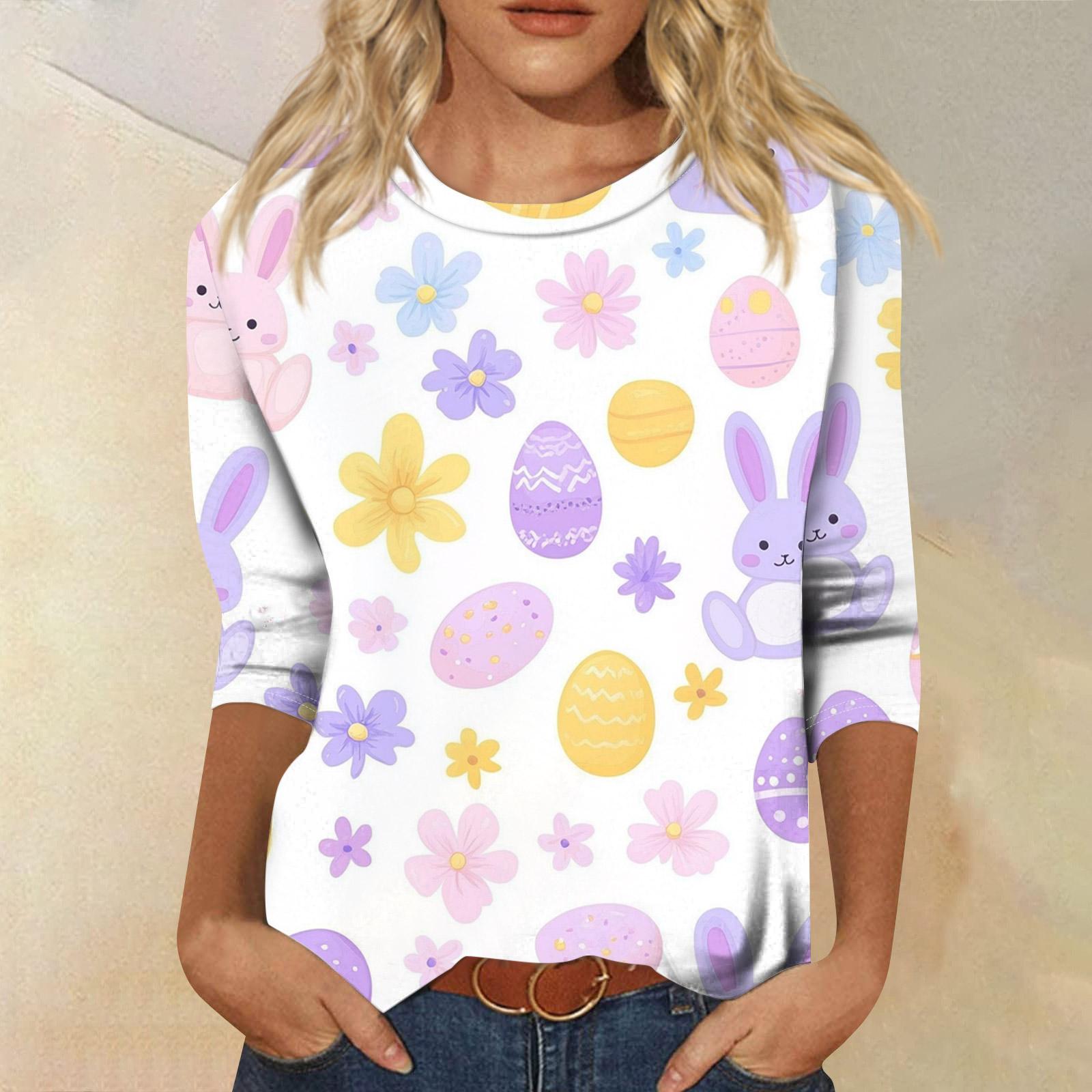 

Women s Fashionable Casual Three-quarter Sleeve Easter Print Round Neck Pullover Top M