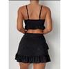 Women's Solid Black Eyelet Lace Ruffle Hem 2 Piece Bikini Set with Skirt