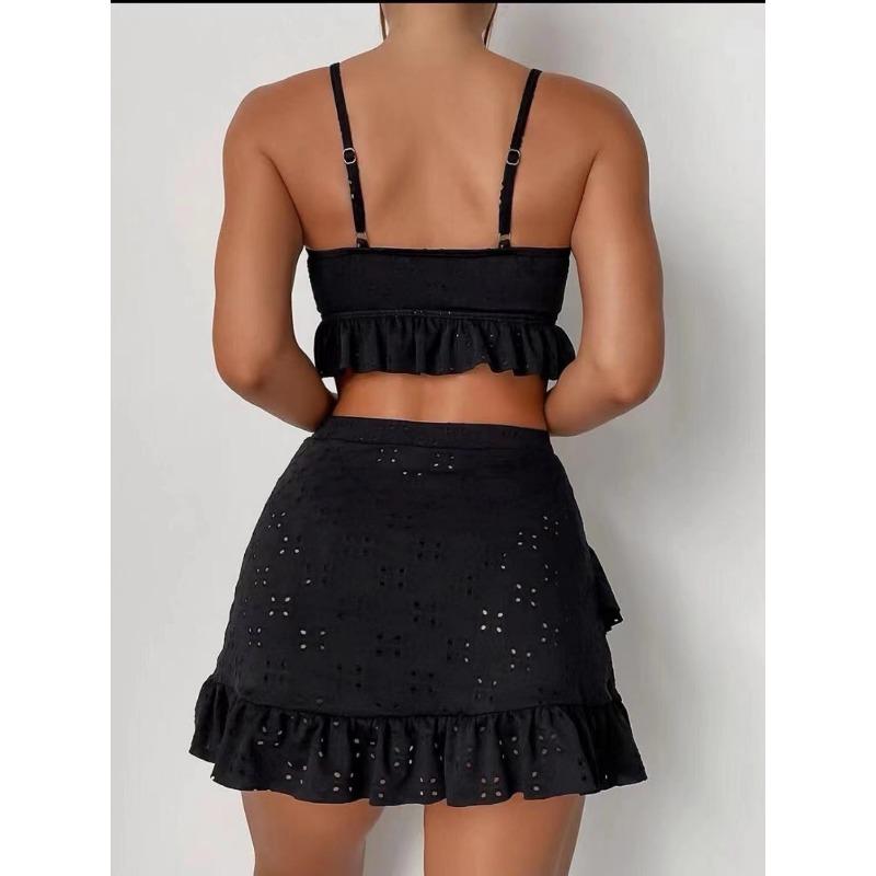 Women's Solid Black Eyelet Lace Ruffle Hem 2 Piece Bikini Set with Skirt