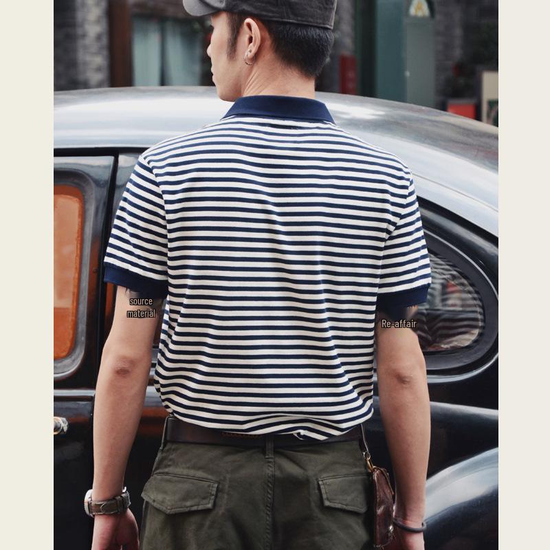Vintage Sailor Striped Cotton Polo Shirt for Men - Summer Short Sleeve Turn-Down Collar