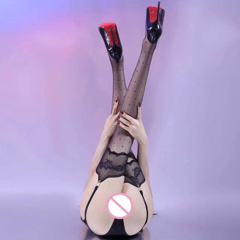 Women Stockings With Garter Belt Aurora Polka Dot Lace Removable Over-The-Knee Pantyhose Sexy Oil Shiny Open Crotch High Socks