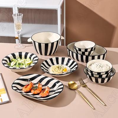 Czarno-biały pasiasty ceramiczny talerz miska na sałatkę nordycki prosty spaghetti talerze obiadowe miski na zupę jednolity kolor naczynia domowe