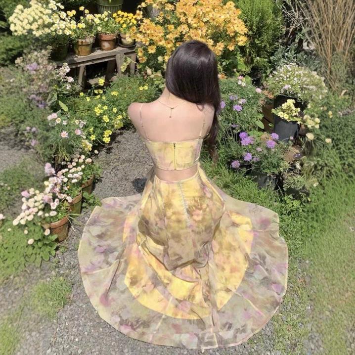 Wear an Oil Painting Dress, Floral Suspender, Waist Halter Dress, Island Beautiful Seaside Beach Dress