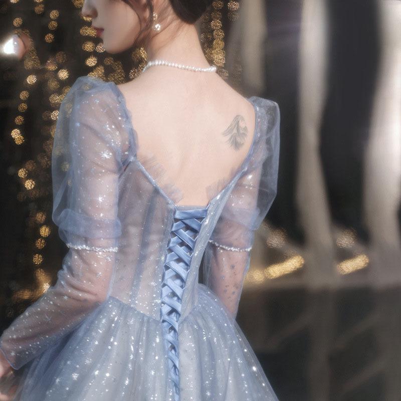 Evening dress 1011 new temperament evening dress blue can usually wear toast clothes dignified host annual meeting evening dress