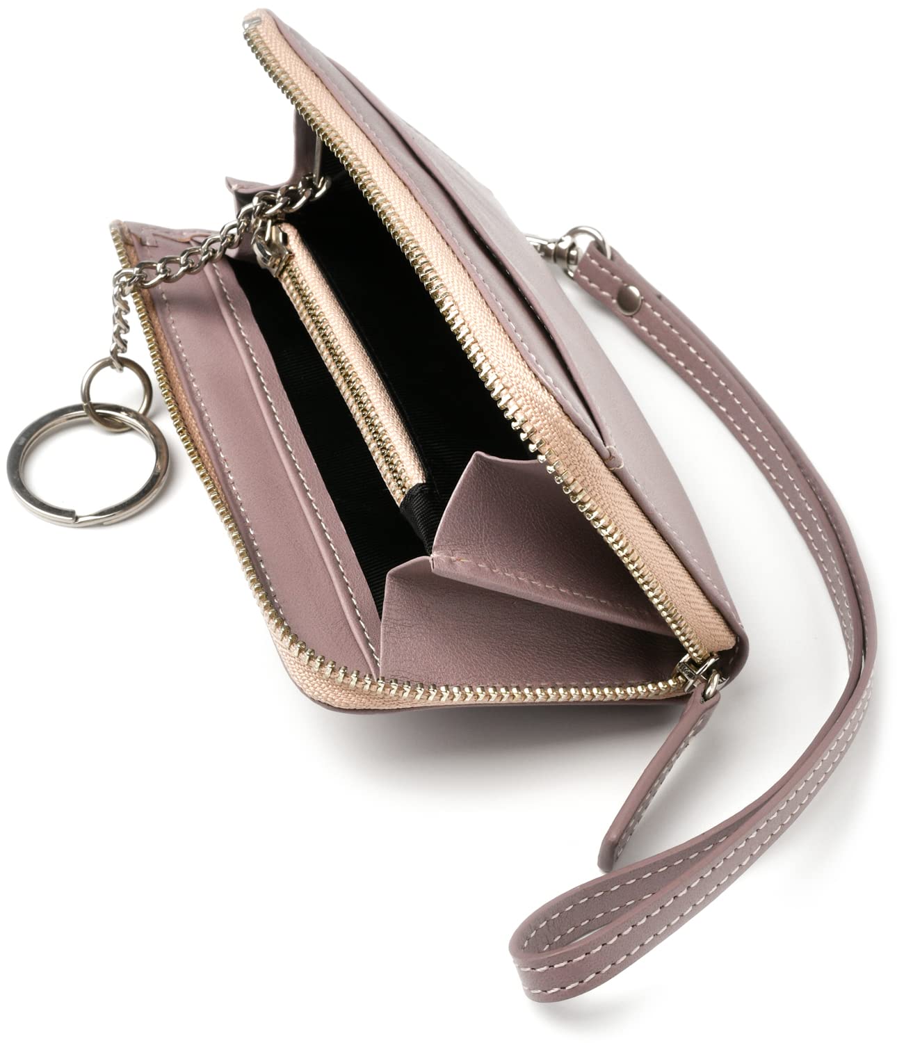 

Women s Mini Wallet with L-Shaped Zipper, Genuine Leather, Coin Purse, Key Ring, and Strap (Pink Greige)