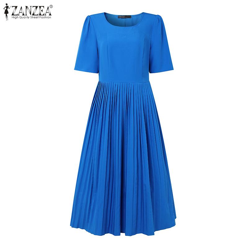 ZANZEA Vestido Casual de Verano para Mujer de Cuello Redondo y Manga Corta con Pliegues de Color Sólido