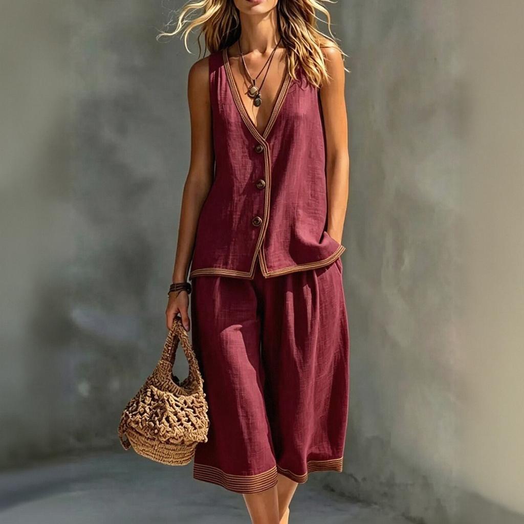 Women Sleeveless Button Front Vest Top and Loose Fit Wide Leg Pants Two Piece Set Casual Linen Blend Summer Outfit