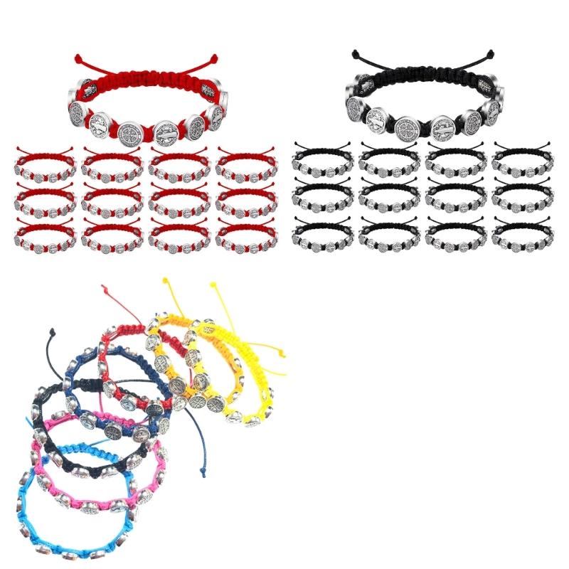 Set Of 12 Saint Benedict Charm Bracelets Handmade Wristbands Adjustable Length Wristchains Religious Blessing Jewelry