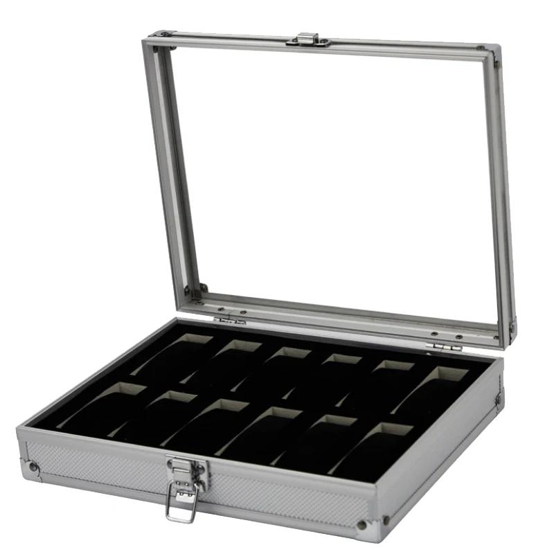 Handige Aluminium Horlogedoos 12 Vakken Sieraden Horloges Display Opbergdoos Vierkante Koffer Suede Binnenkant Rechthoekige Horlogehouder