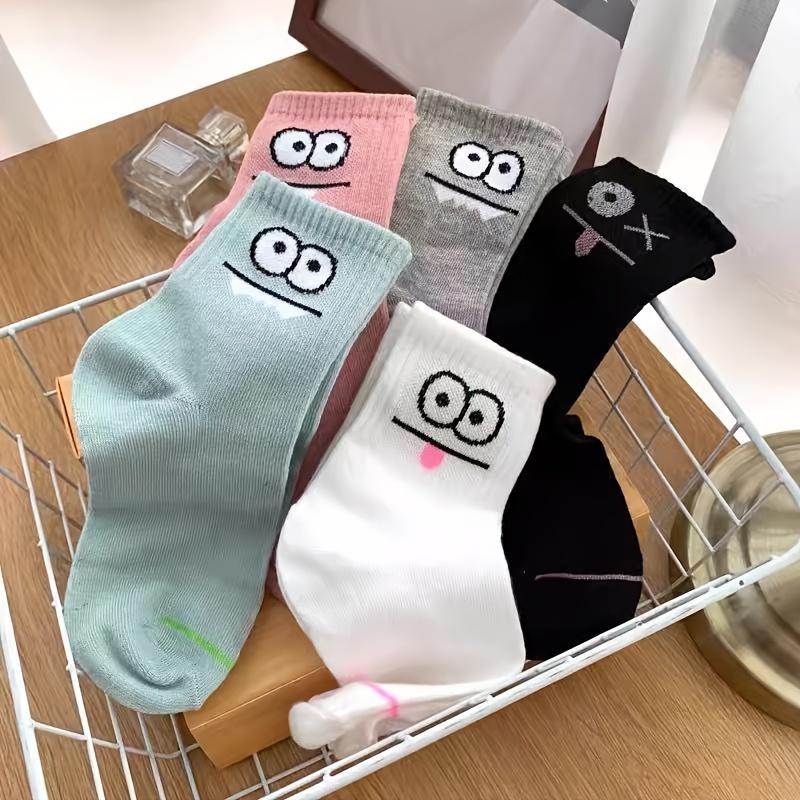 5 Pairs of Women's Kawaii Medium Tube Ankle Socks with Cute Expression Prints for Spring and Autumn