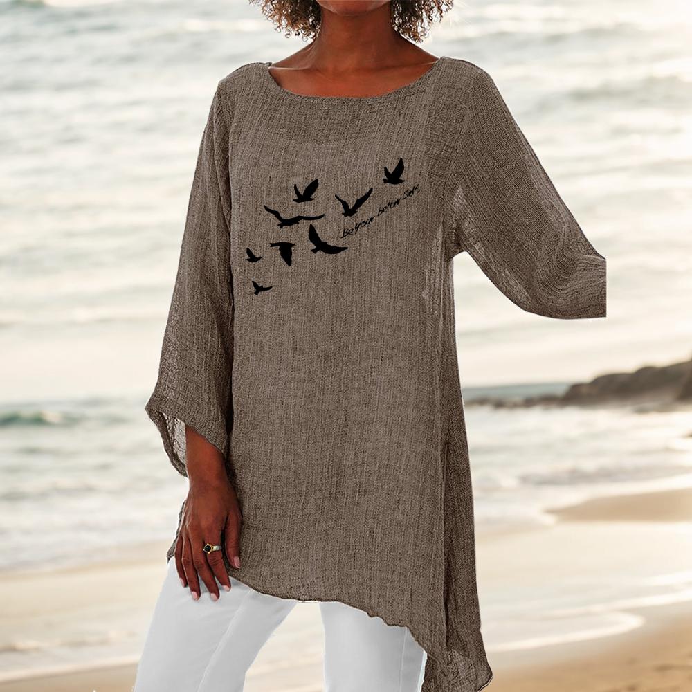 

Женская мода 3/4 рукав топ круглый вырез принт блузка женская тонкая хлопковая льняная рубашка XXL хаки