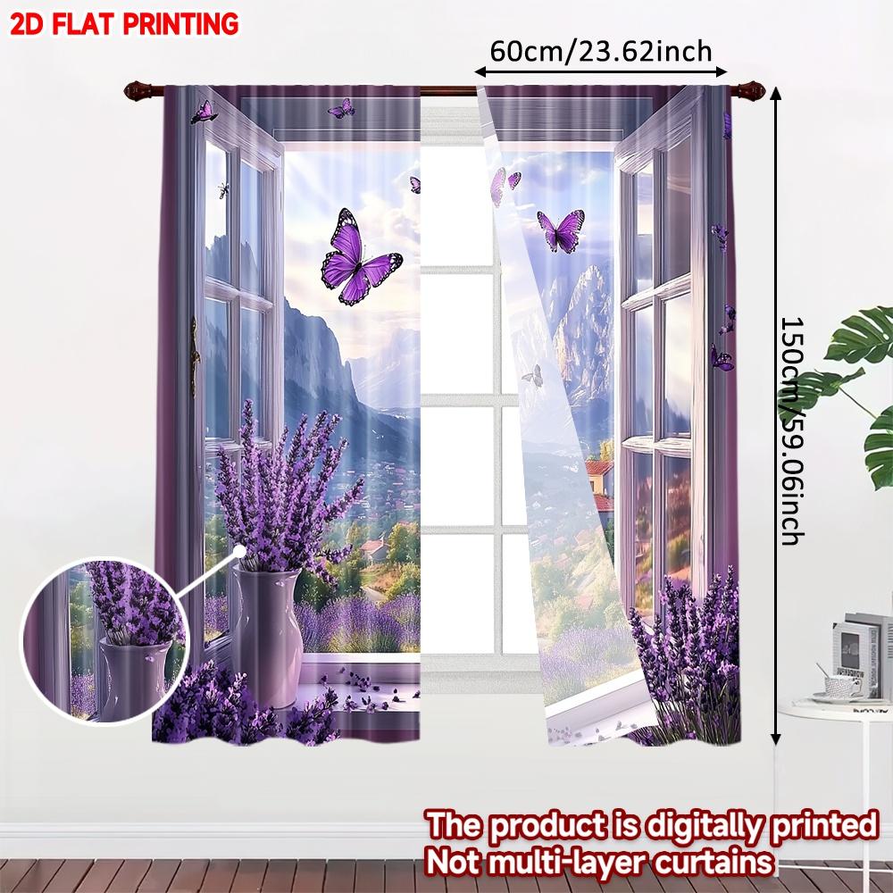 Purple Butterfly Curtains Digital Printing Pattern Outdoor View Effect Bedroom Living Room Decor Curtain Set Of 2 Elegant Made Polyester Washable Area