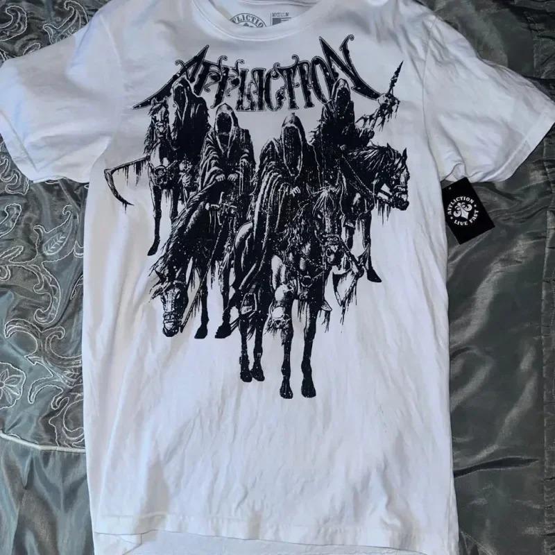 Y2K Red Gothic Thorn Totem Printing Harajuku Style T Shirt High Street Broken Feeling Mens Short Sleeves Couple Collocation