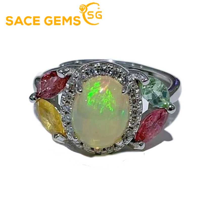 

SACE GEMS 925 проба срібло 7*9 мм натуральний опал турмалін каблучки для жінок заручини коктейль вечірка вишукані ювелірні вироби Open білий