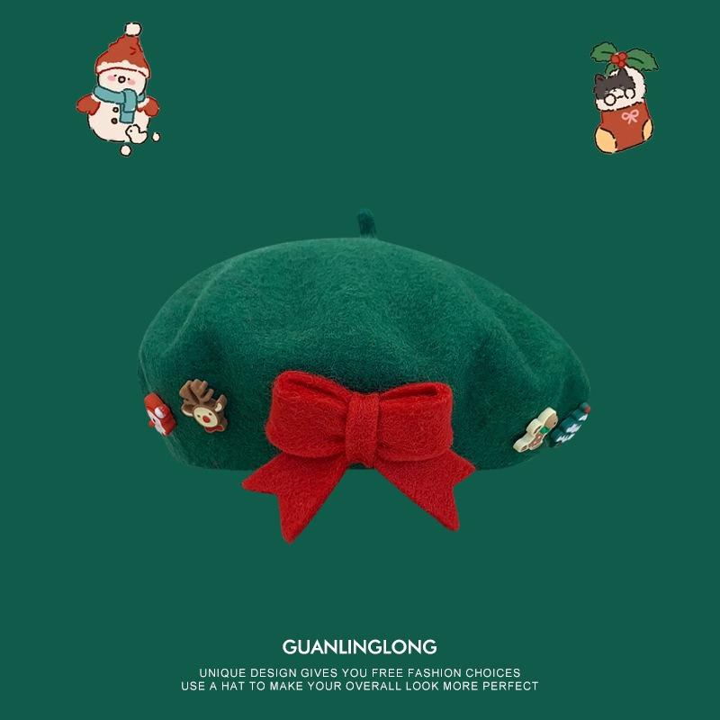 Bow christmas beret girl parent-child children's hat woolen thermal hat christmas gift painter hat