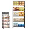 Organizator Display pentru Gustări 4/5 Nivele Raft de Vânzare cu Amănuntul Negru Metalic Raft Depozitare Bomboane Cărucior cu Roți Sârmă & 15 Cârlige Suport Rezistent pentru Chipsuri