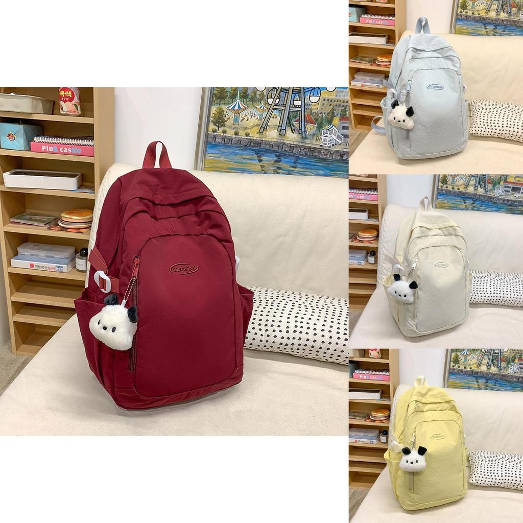 Simple Solid Color Letter Embroidery Student Backpack With Plush Pendant For Middle School Students