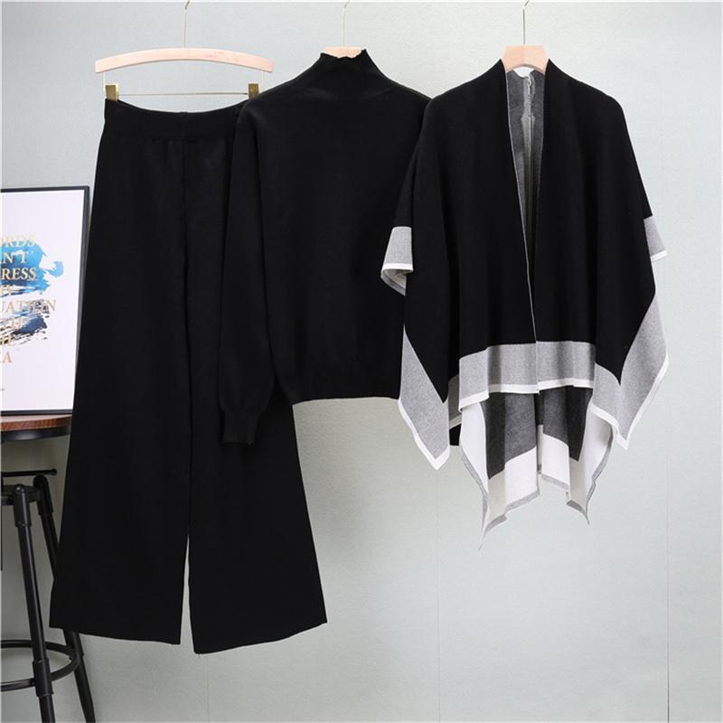Women's Autumn Shawl Knitted Sweater Loose Wide Leg Pants Three Piece Suit Fashionable Casual Jacket Sweater Suit