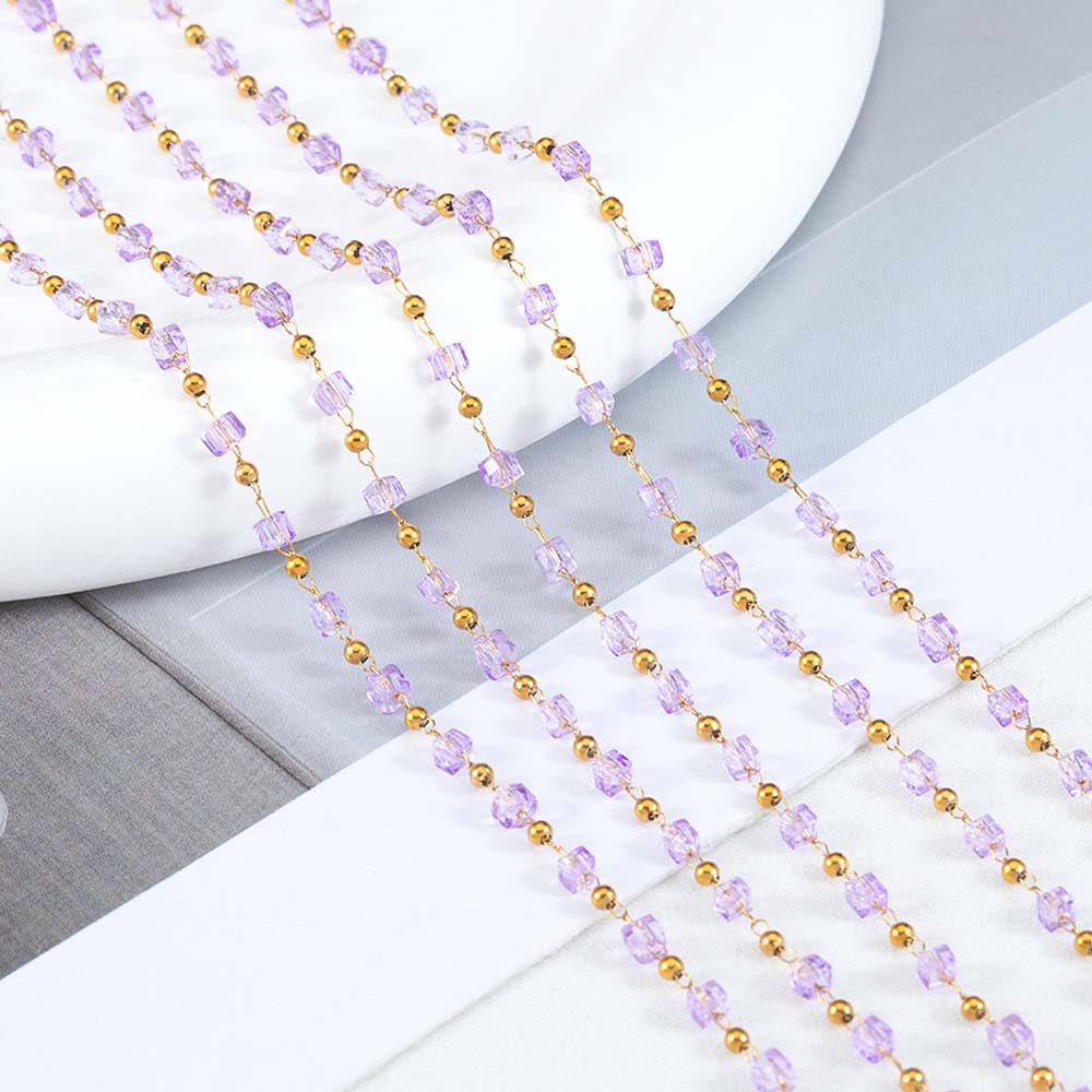 1Meter Stainless Steel Link Chain Purple Crystal Cube Square Beads Chain for DIY Boho Necklaces Bracelets Jewelry Making No Fade