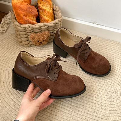 Women's Low-Top Heels Autumn New Round Toe Lace-Up Scrub Suede Soft Sole Anti-Slip Wear-Resistant Single Shoes