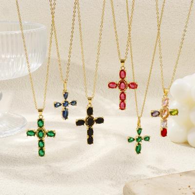 1 Piece Gold Plated Cross Charm Necklace Brass Chain Cubic Zirconia Pendant Necklace For Women Fashion Jewelry 46cm + 6cm