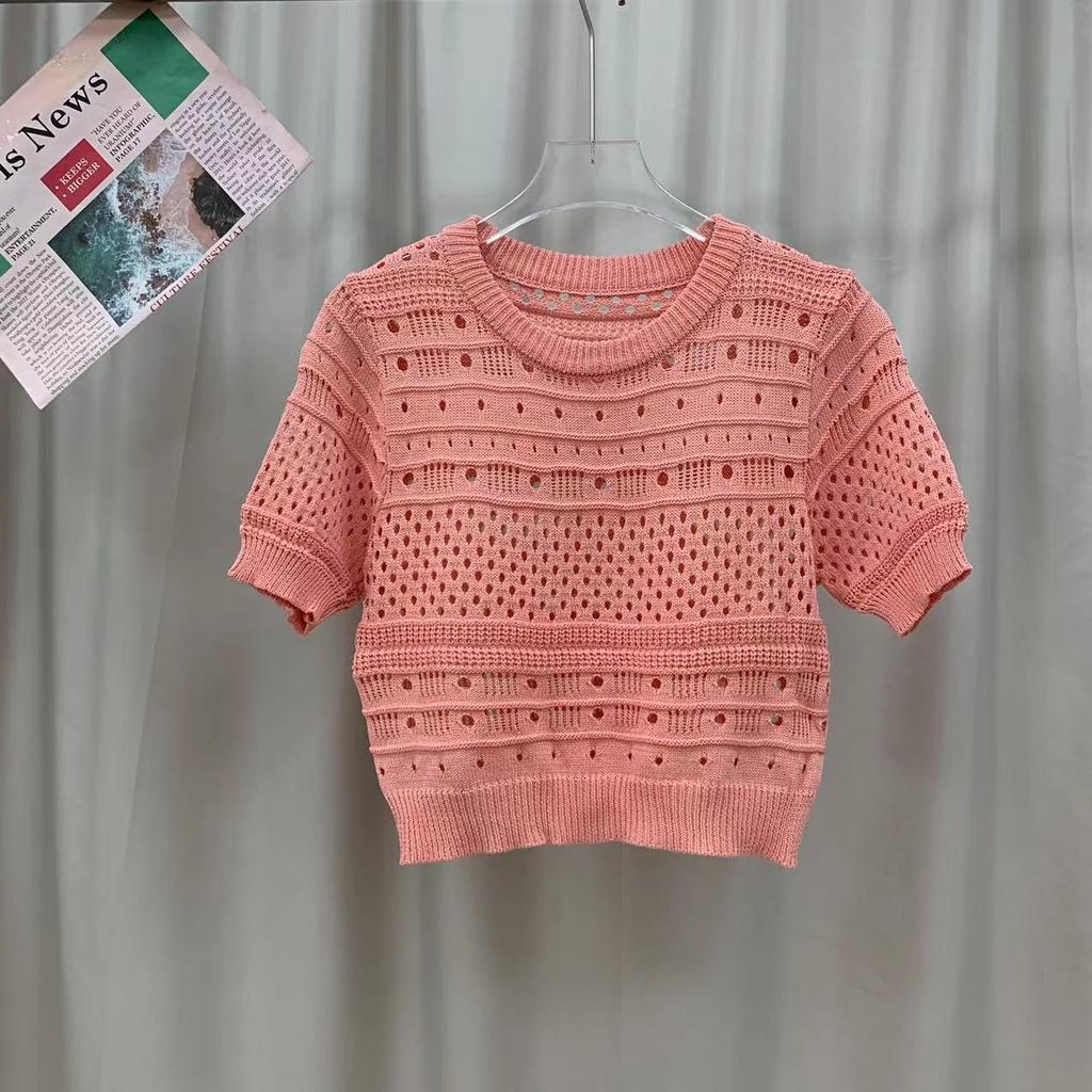 Design Printemps Été Sens du Design Creux Manches Bouffantes Style Étranger Pull Court en Maille Fin Polyvalent Col Rond Hauts Pulls Décontractés pour Femmes T-shirts