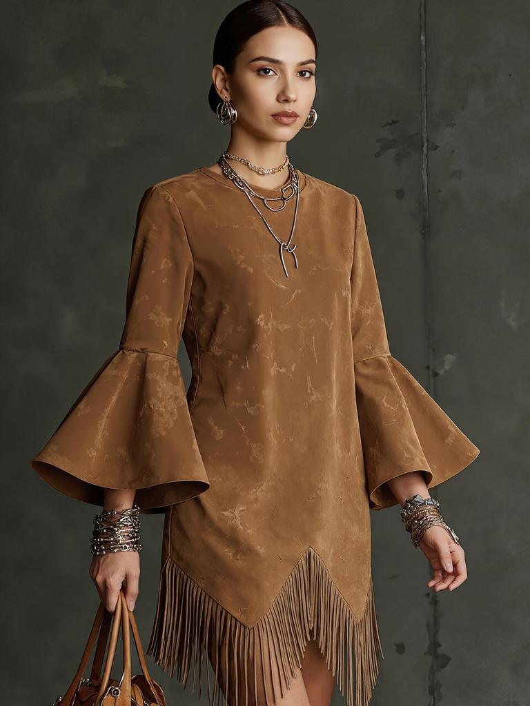 Retro Bell Sleeve Tassel Loose Dress for Women