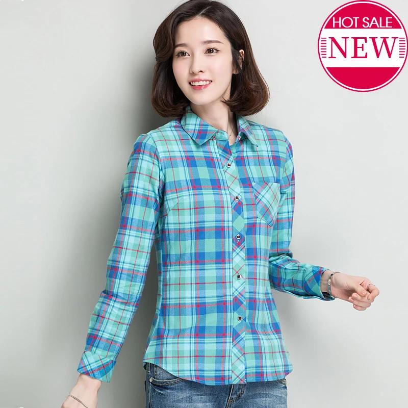 100% Cotton Women's Blouse Plaid Shirts Women's Long Sleeve Top S-5XL,Single Breaste Button Women's Shirt With Chest Pockets